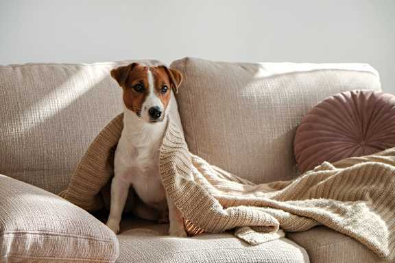 A dog is sitting on a couch covered with a blanket.