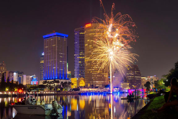 the fireworks at night in front of the skyline