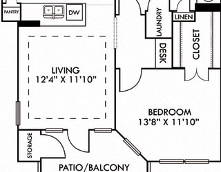The Athens. 1 bedroom apartment. Kitchen with bartop open to living room. 1 full bathroom. Walk-in closet. Patio/balcony with storage.