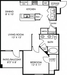 Madrid. 1 bedroom apartment. Kitchen with bartop open to living/dinning rooms. 1 full bathroom. Walk-in closet. Patio/balcony. External storage.