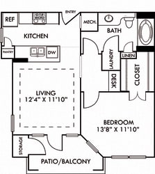 The Athens. 1 bedroom apartment. Kitchen with bartop open to living room. 1 full bathroom. Walk-in closet. Patio/balcony with storage.
