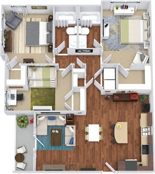 The Joplin 3D. 3 bedroom apartment. Kitchen with island open to living/dinning rooms. 2 full bathrooms. Walk-in closets. Patio/balcony.