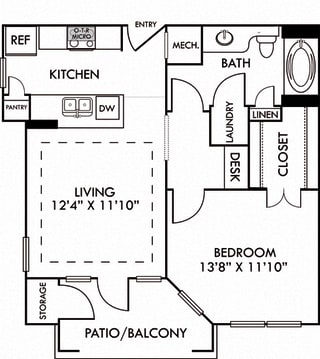 The Athens. 1 bedroom apartment. Kitchen with bartop open to living room. 1 full bathroom. Walk-in closet. Patio/balcony with storage.