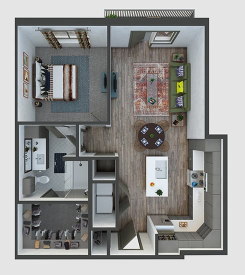 Park 1 bedroom, 1 bath. L-shaped kitchen with island, pantry. Coat Closet at entry. linen in bath. Standalone shower. washer/dryer. patio/balcony.