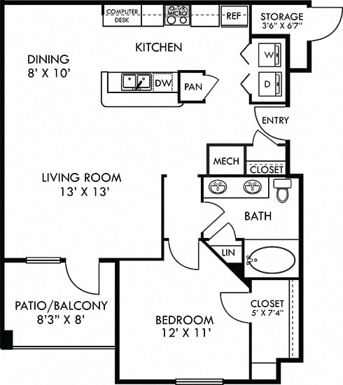 Madrid. 1 bedroom apartment. Kitchen with bartop open to living/dinning rooms. 1 full bathroom. Walk-in closet. Patio/balcony. External storage.