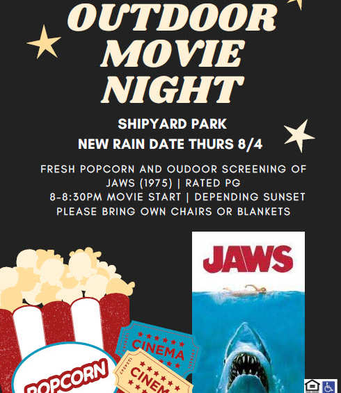 a poster for an outdoor movie night with popcorn and a shark