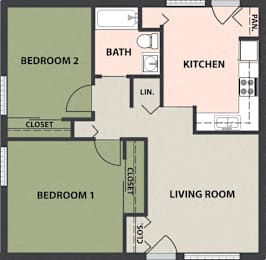  Floor Plan 2-Bedroom, 1-Bath