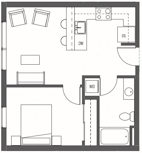 A floor plan of a bedroom, living room, bathroom and kitchen