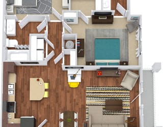 The Owens 3D. 2 bedroom apartment. Kitchen with island open to living/dinning rooms. 2 full bathrooms. Walk-in closets. Patio/balcony.