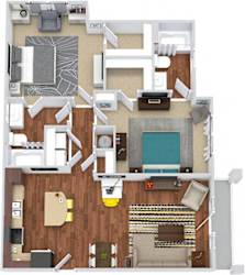 The Owens 3D. 2 bedroom apartment. Kitchen with island open to living/dinning rooms. 2 full bathrooms. Walk-in closets. Patio/balcony.