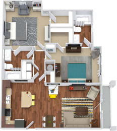 The Owens 3D. 2 bedroom apartment. Kitchen with island open to living/dinning rooms. 2 full bathrooms. Walk-in closets. Patio/balcony.