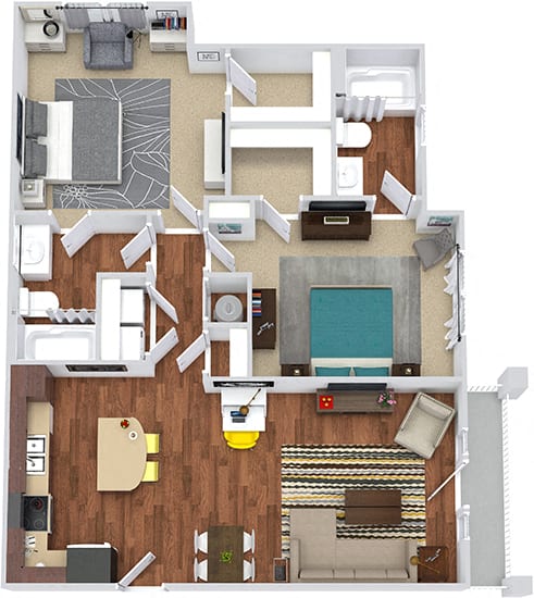 The Owens 3D. 2 bedroom apartment. Kitchen with island open to living/dinning rooms. 2 full bathrooms. Walk-in closets. Patio/balcony.