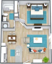 Three dimensional rendering of a one bedroom apartment  at Bennett Ridge Apartments, Oklahoma City