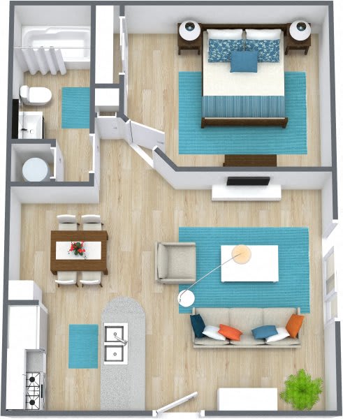 Three dimensional rendering of a one bedroom apartment