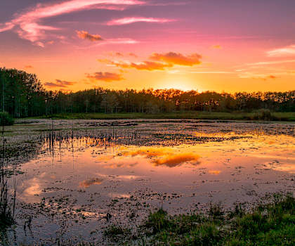 A serene landscape with a sunset reflecting on a calm body of water.