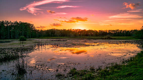 A serene landscape with a sunset reflecting on a calm body of water.