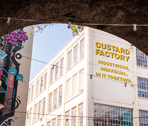 a large white building with a sign on the side of it