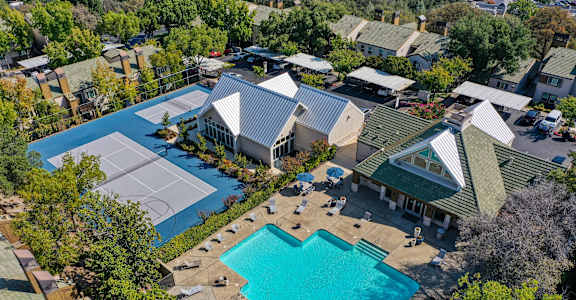 Drone View of Community showcasing the area above the clubhouse and pool area at Folsom Ranch, California, 95630