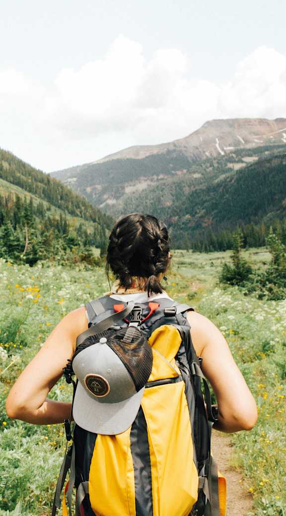 A person with a backpack is walking through a field of flowers.