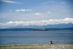 a woman sits on the beach with a ship in the background