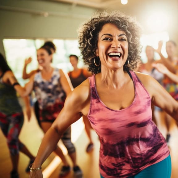 an older woman holding yoga mats with others in a gym at Mira at Palmer Ranch, Sarasota