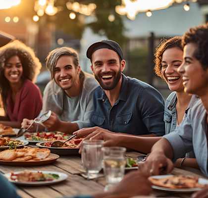 group of people sitting around a table eating food