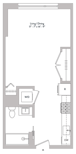 Floor Plan  large studio, full size appliances, washer/dryer in unit