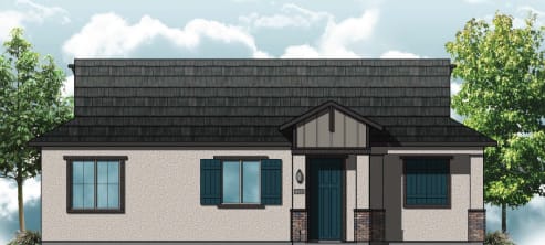 a rendering of a small house with a black roof and blue doors