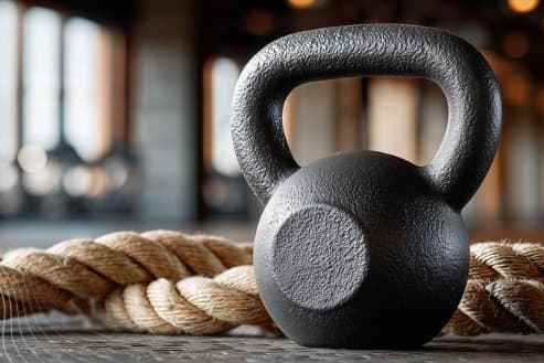 A black kettlebell rests on a rope in a gym.