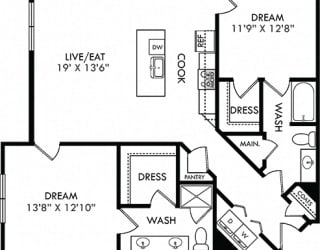 The Valentina. 2 bedroom apartment. Kitchen with island open to living room. 2 full bathrooms, double vanity in master. Walk-in closets. Patio/balcony.