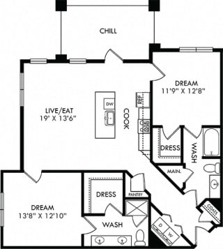 The Valentina. 2 bedroom apartment. Kitchen with island open to living room. 2 full bathrooms, double vanity in master. Walk-in closets. Patio/balcony.
