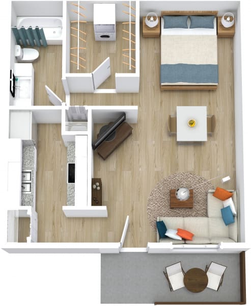 A top-down view of a small apartment with a bed, desk, and kitchenette.