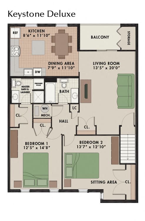 New Kent Apartments Keystone floor plan in West Chester, PA, offering two bedrooms, two bathrooms, and a private balcony for added comfort and convenience