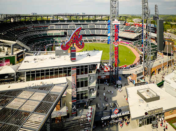 A baseball stadium with a large red letter "A" on top.