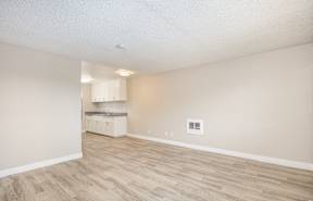 A room with a kitchenette in the background and a hardwood floor.