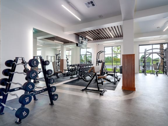 a gym with weights and cardio equipment in a large room at The Haven at Lake Britt Apartments, Winter Garden, FL 34787