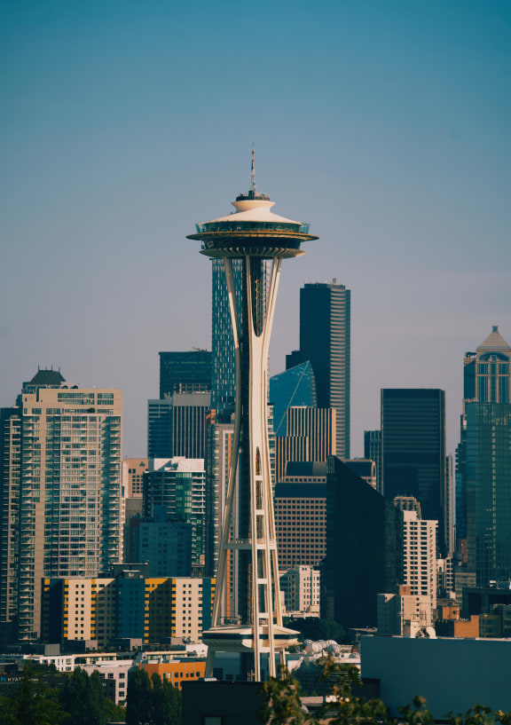 a cityscape of seattle with a ferris wheel