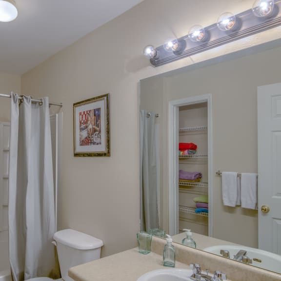 Twin Oaks Apartments in Hattiesburg Mississippi photo of a bathroom with a shower toilet and sink