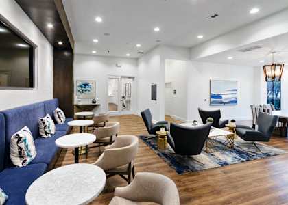 A modern living room with a blue sofa and wooden floors.
