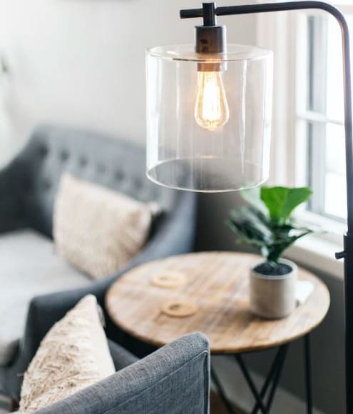 a living room with a couch and a table