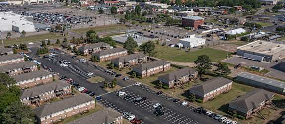 an aerial view of a neighborhood of houses