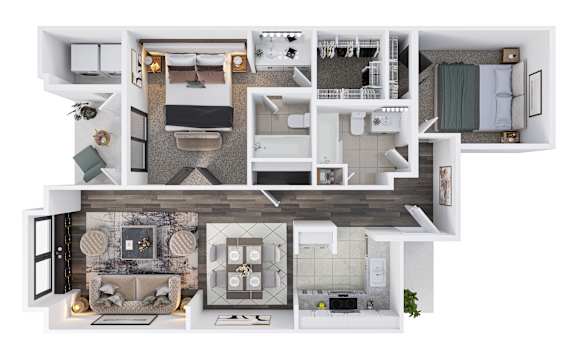 A floor plan of a house with a living room, kitchen, and bathrooms.