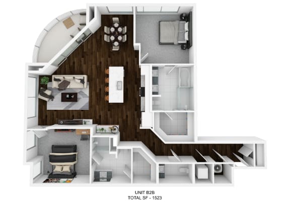 a stylized floor plan of a 2100 sq ft apartment