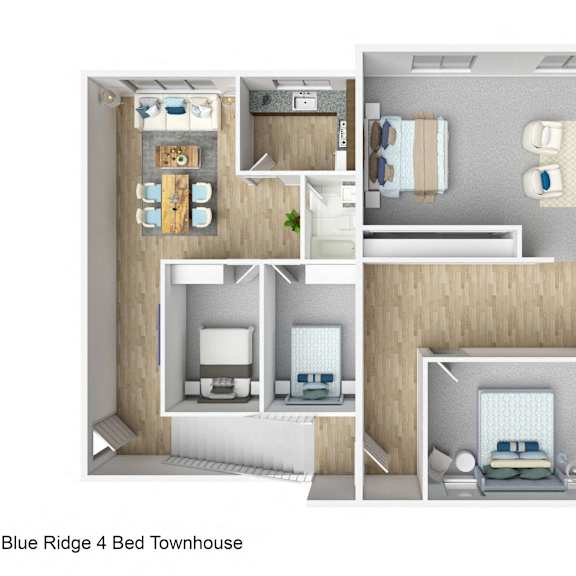 A 3D floor plan of a Blue Ridge 4 Bed Townhouse.