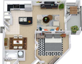 The Sydney 3D. 1 bedroom apartment. Kitchen with island open to living/dining rooms. 1 full bathroom. Walk-in closet. Patio/balcony.