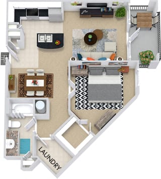 The Sydney 3D. 1 bedroom apartment. Kitchen with island open to living/dining rooms. 1 full bathroom. Walk-in closet. Patio/balcony.