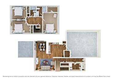 A floor plan of a house with three bedrooms, a living room, a kitchen, and a bathroom.
