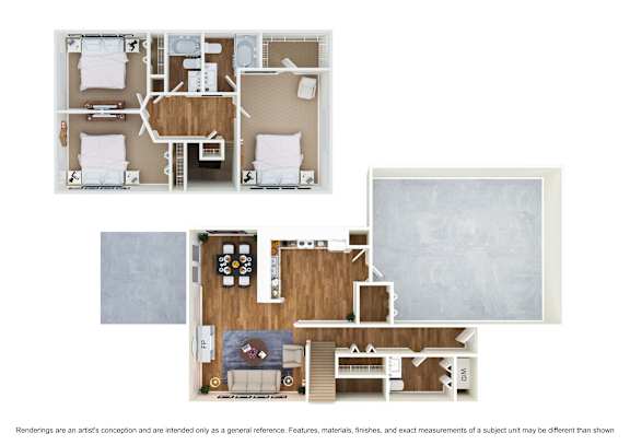 A floor plan of a house with three bedrooms, a living room, a kitchen, and a bathroom.