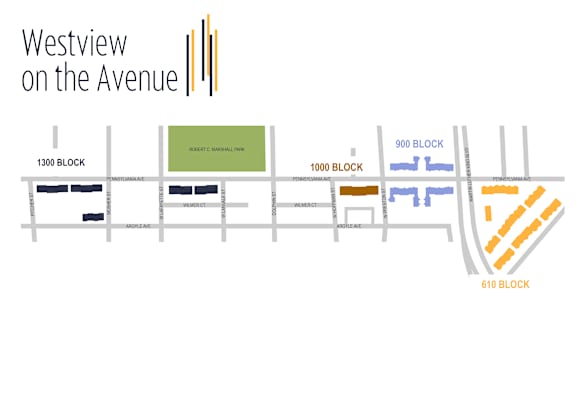 A map of a street with blocks numbered from 610 to 1300.