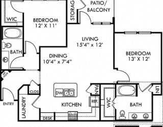 Pecos. 2 bedroom apartment. Kitchen with island open to living/dinning rooms. 2 full bathrooms, double vanity in master. Walk-in closets. Patio/balcony.